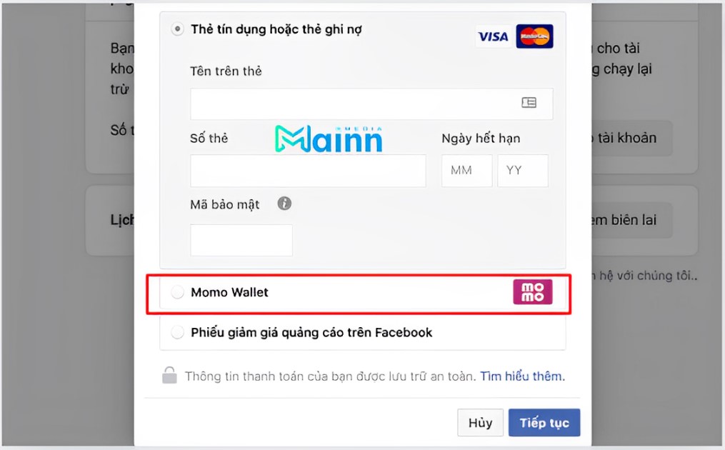 thanh toán quảng cáo facebook bằng momo