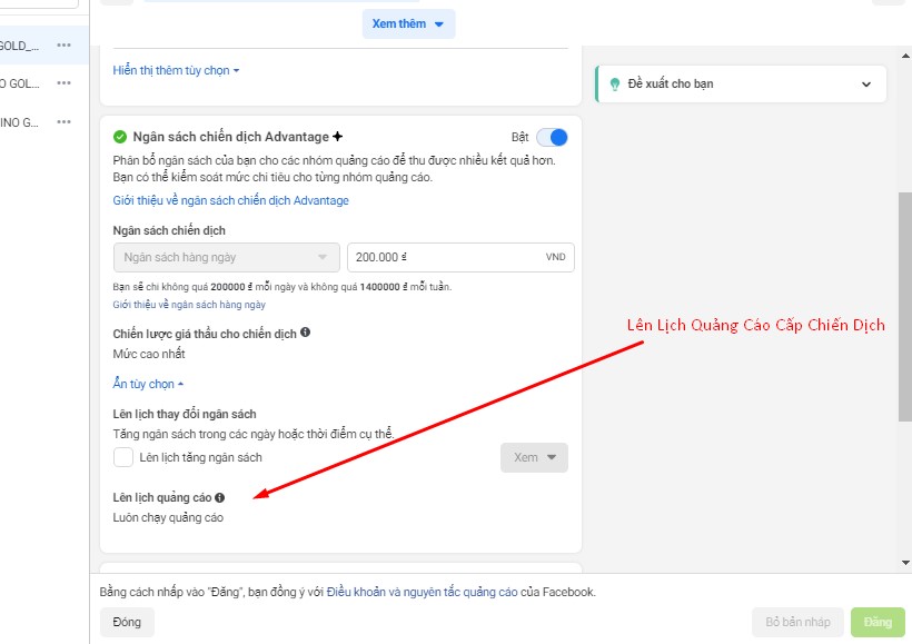 Lên lịch quảng cáo Facebook ở cấp chiến dịch