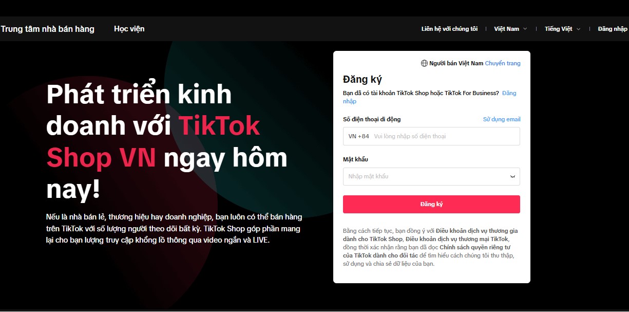 đăng ký Tiktok shop bằng máy tính