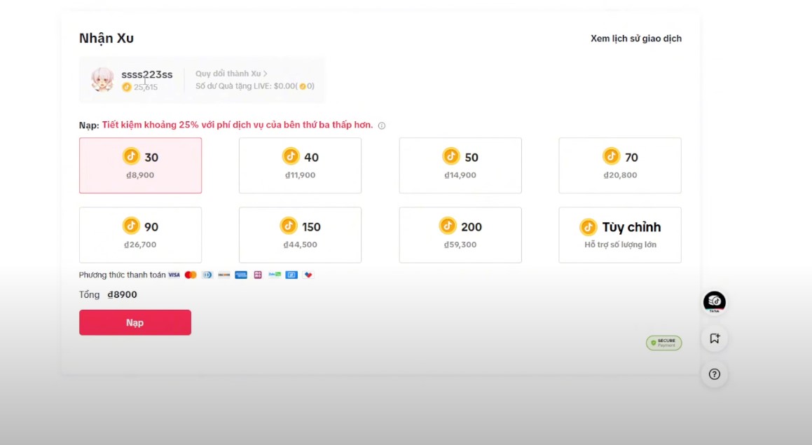 cách nạp xu tiktok