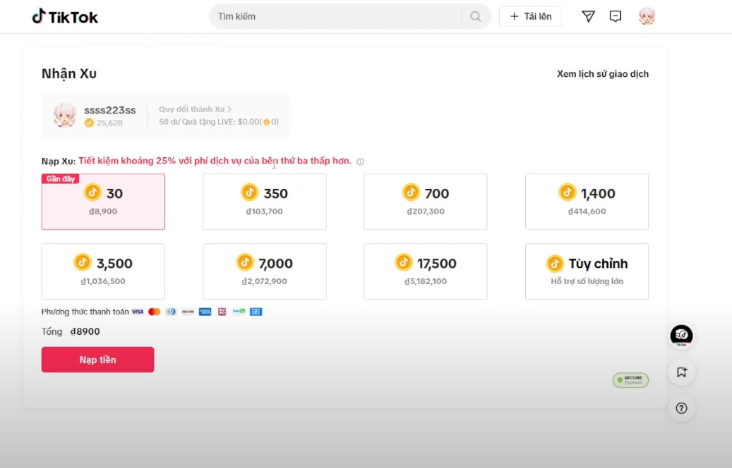 nạp xu Tiktok giá rẻ uy tín