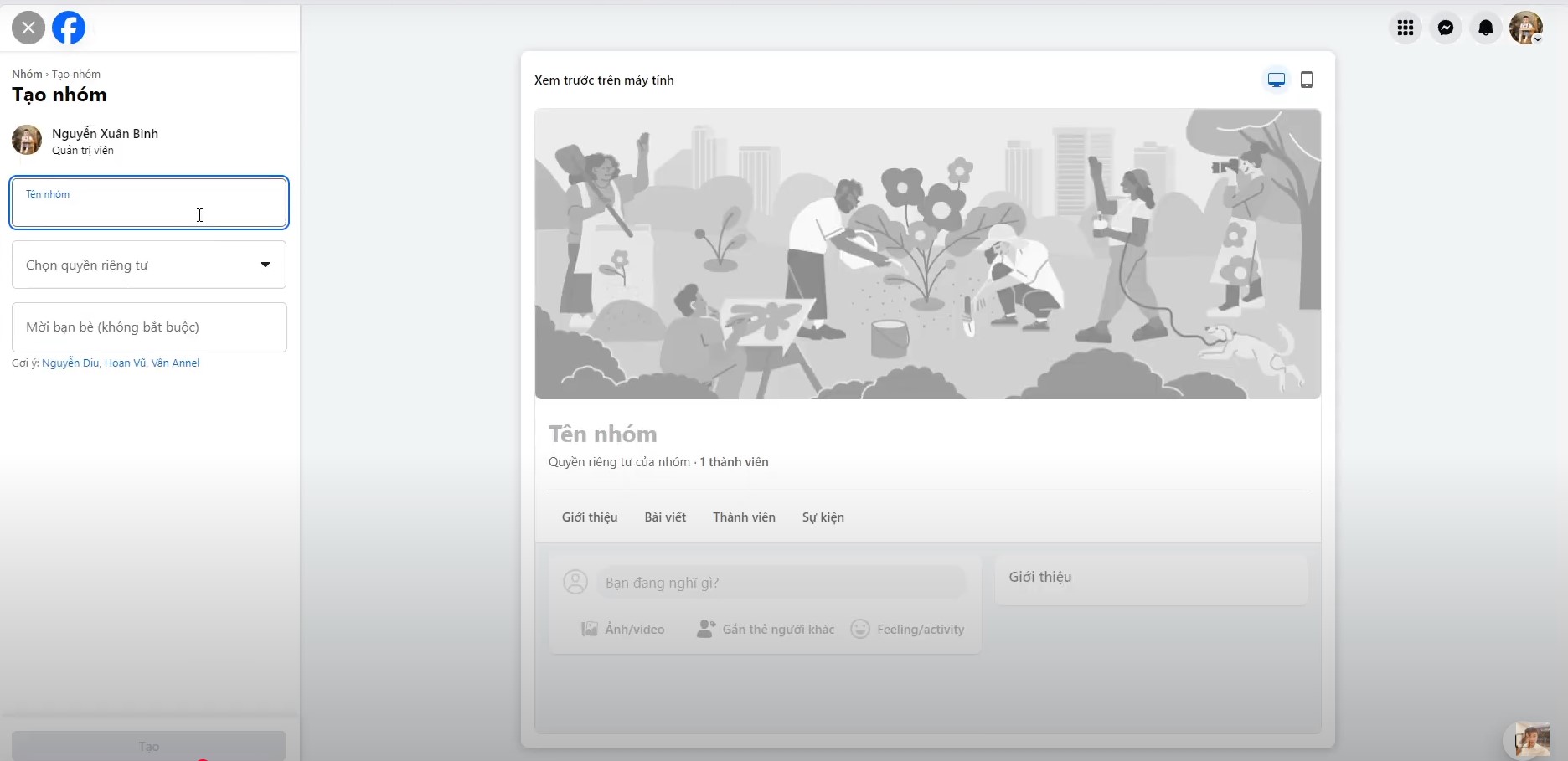 giao diện tạo group từ fanpage