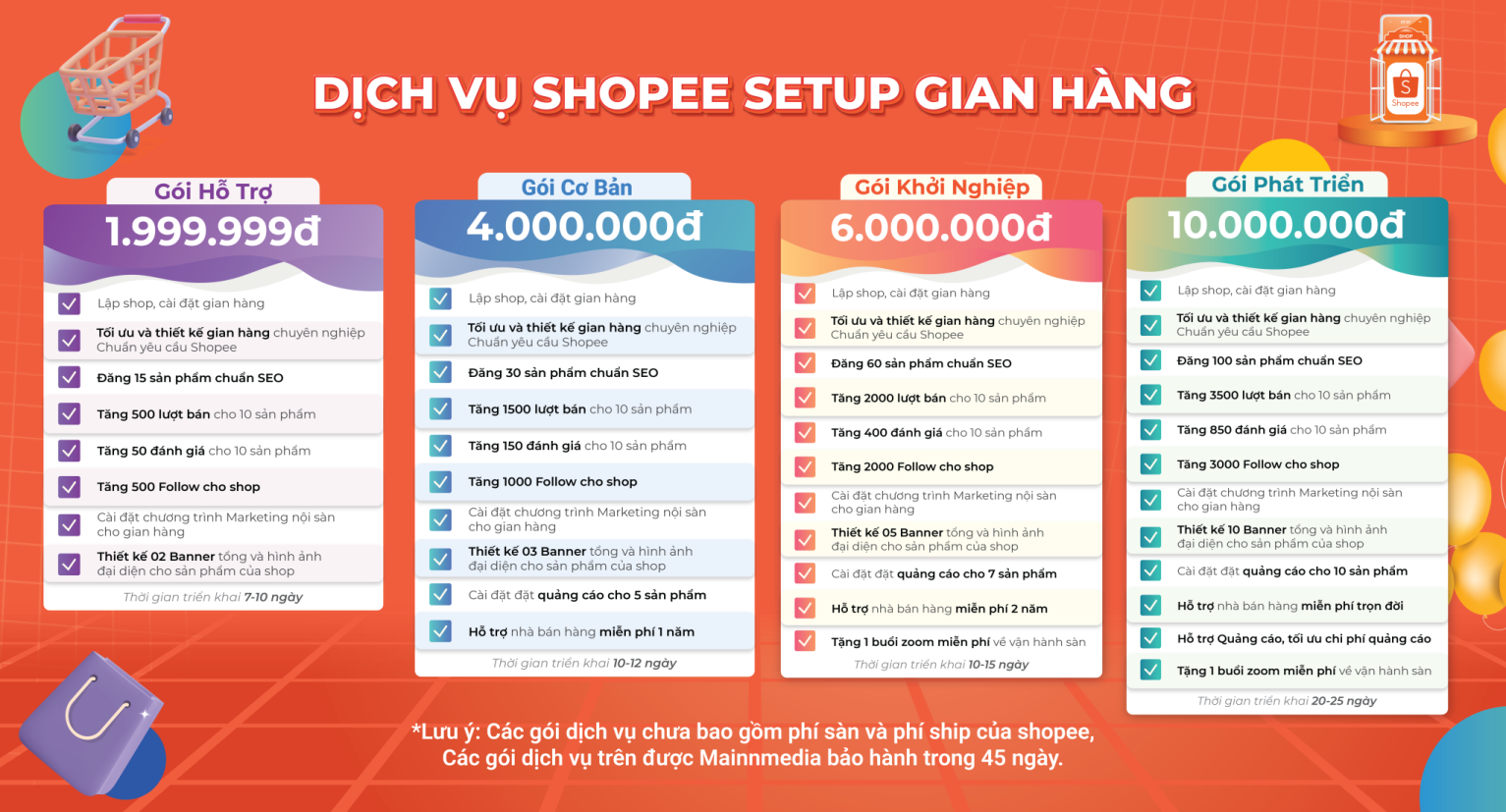 Bảng giá dịch vụ Setup gian hàng Shopee tại Mainn Media