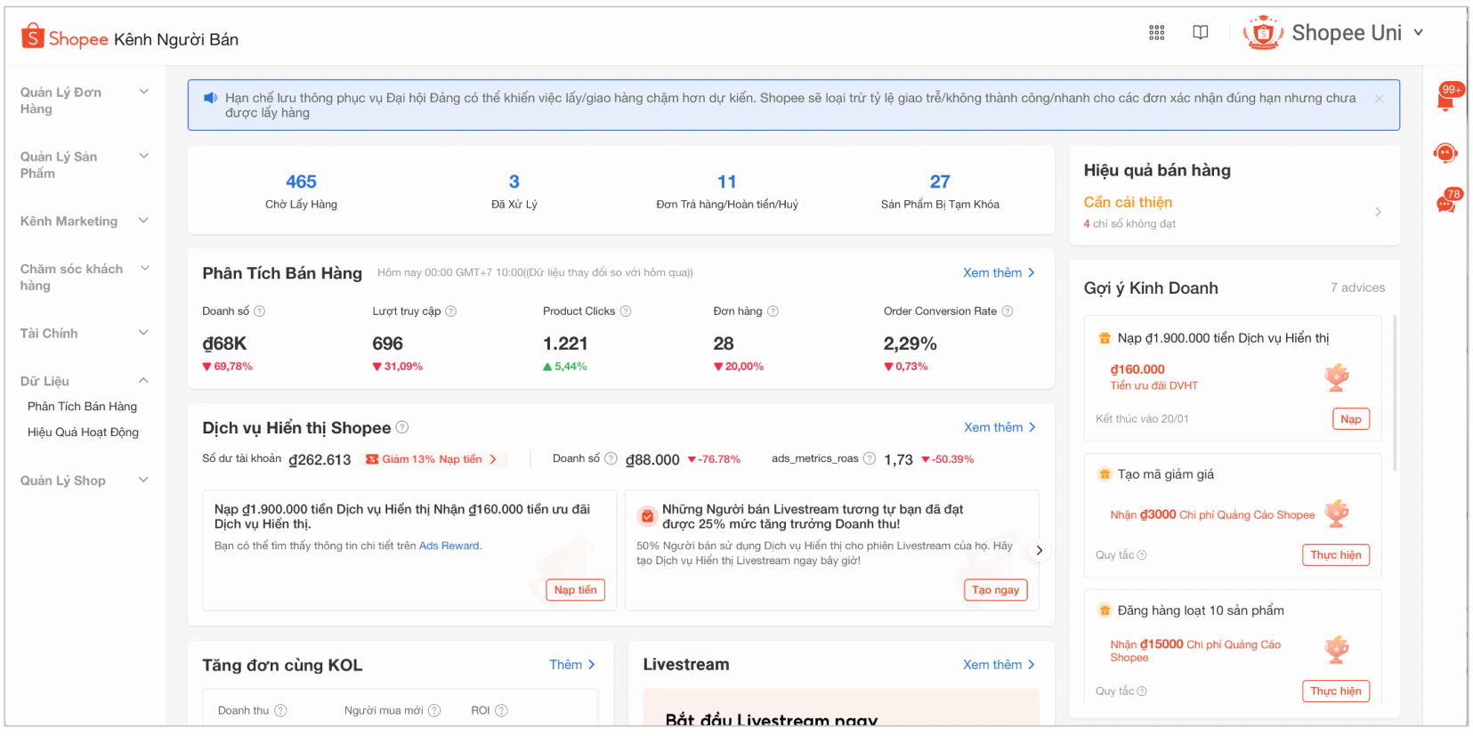 Cập nhật chỉ số Doanh số trên trang Phân Tích Bán Hàng
