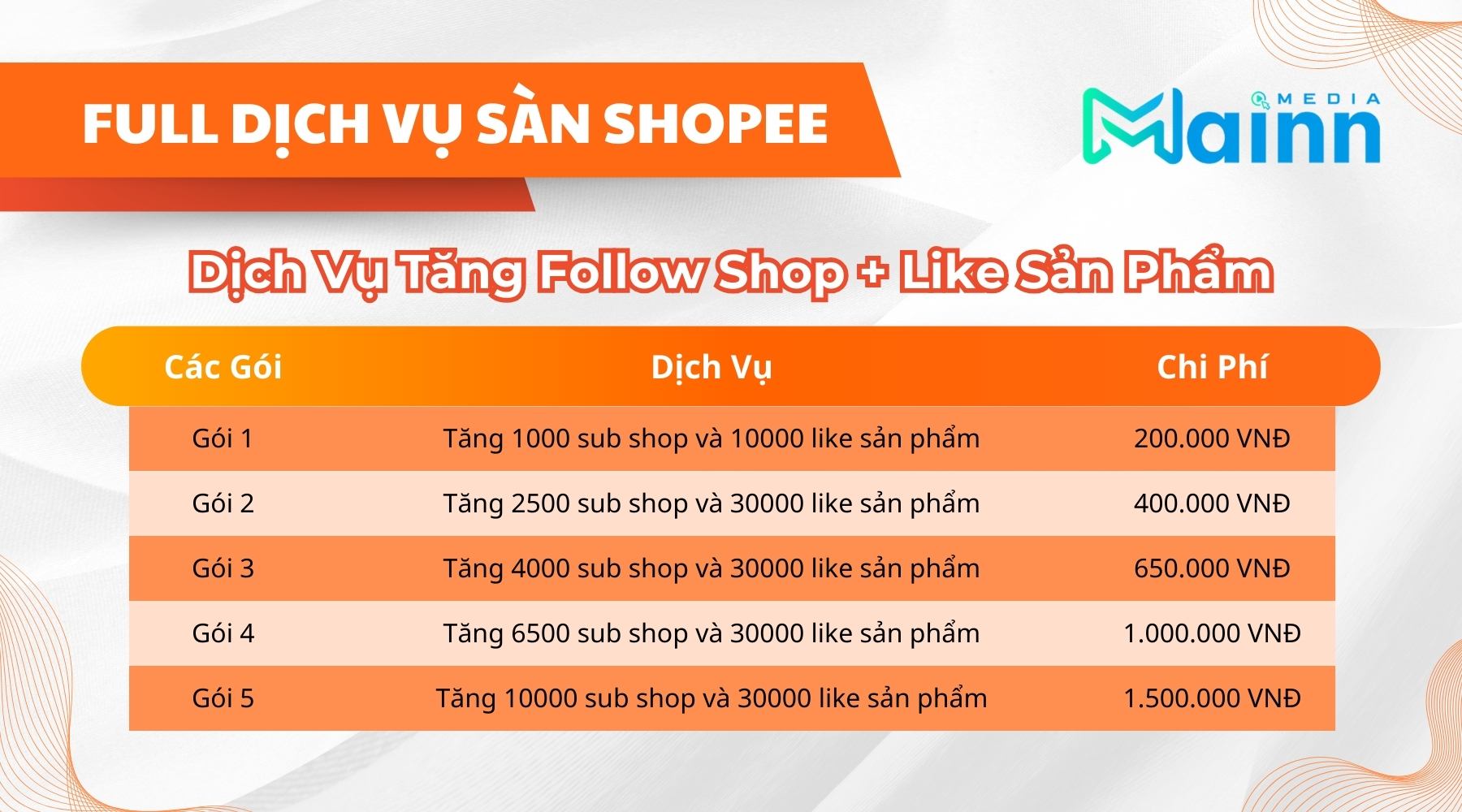 Bang Gia Dich vu tang follow Shopee Mainn Media