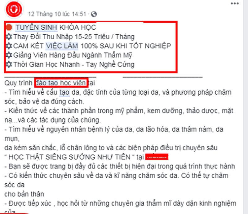 Bài đăng với một số từ ngữ vi phạm chính sách quảng cáo Facebook