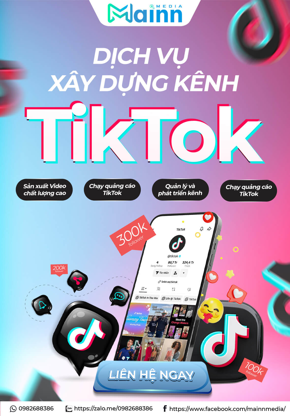 Banner mobile dich vu xay dung kenh tiktok Mainn Media